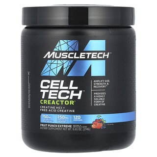 MuscleTech, Cell Tech™, Creactor®, Clorhidrato de creatina más creatina de ácido libre, Ponche de frutas extremo, 274 g (9,65 oz)