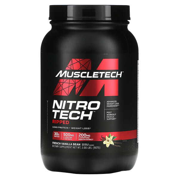 MuscleTech‏, Nitro tech Ripped، بروتين فائق + تركيبة فقدان الوزن، نكهة مشروب الفانيليا الفرنسية، رطلان (907 جم)