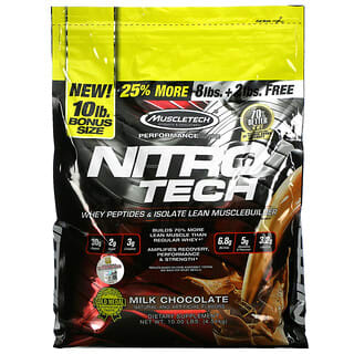 MuscleTech, Nitro Tech, 유청 펩타이드 및 분리 순근육 형성제, 밀크 초콜릿, 4.54kg(10lbs)