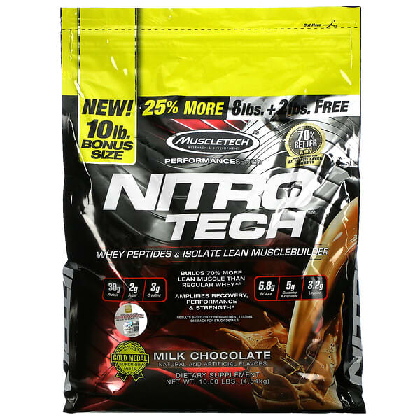 Muscletech, Nitro Tech（ニトロテック）、ホエイペプチド＆アイソレートリーンマッスルビルダーホエイタンパク質粉末、ミルクチョコレート、4.54kg（10ポンド）