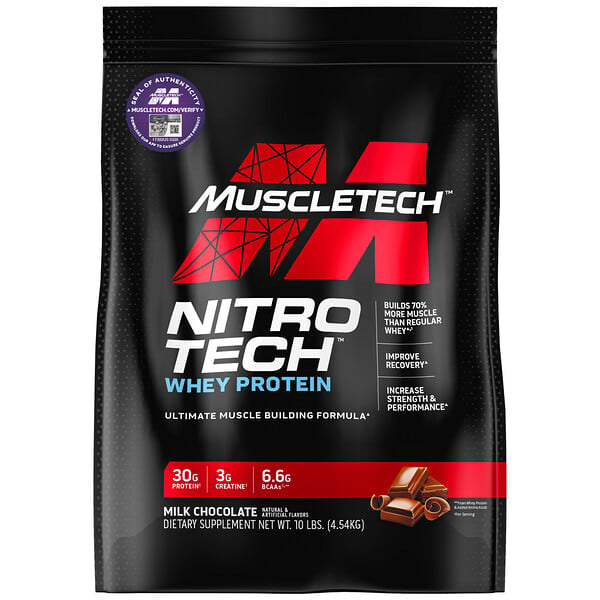 MuscleTech, Nitro Tech，乳清肽和分離瘦增肌配方，牛奶巧克力味，10 磅（4.54 千克）