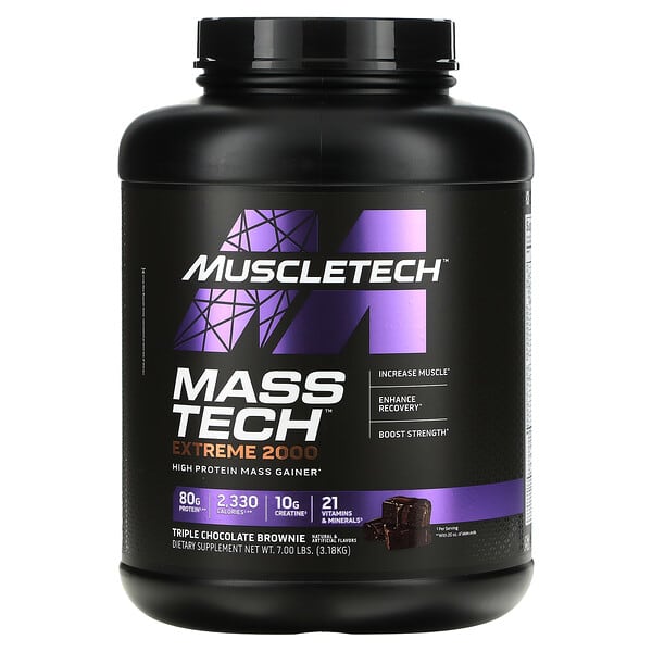 MuscleTech‏, Mass Tech Extreme 2000, براونيز بالشوكولا الثلاثية , 7.00 باوند (3.18 كلغ)