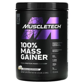 MuscleTech, 100% Mass Gainer（100％マスゲイナー）、バニラミルクシェイク、2.33kg（5.15ポンド）