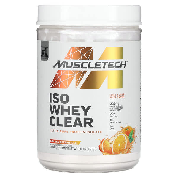 MuscleTech, ISO Whey Clear 系列超純分離乳清蛋白，香橙味，1.10 磅（505 克）