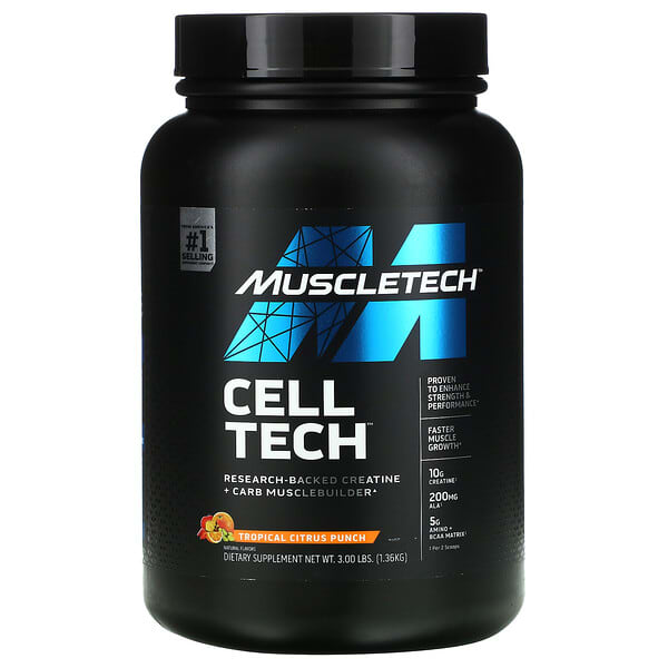 MuscleTech, Cell Tech, Refuerzo para el aumento muscular con creatina y carbohidratos respaldado por investigaciones, Ponche de cítricos tropicales, 1,36 kg (3 lb)