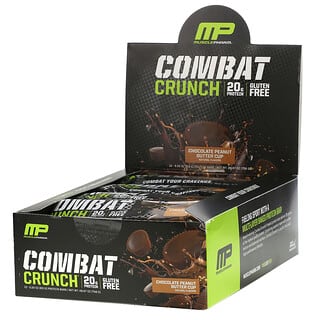 MusclePharm, Barritas proteicas Combat Crunch, Taza de mantequilla de maní y chocolate, 12 barras, 63 g (2,22 oz) cada una