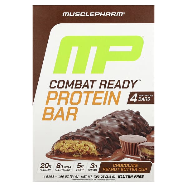 MusclePharm, Combat Ready™ Protein Bar, Chocolate Peanut Butter Cup, 4 Bars, 1.9 oz (54 g) Each