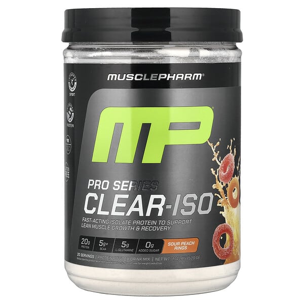 MusclePharm, Pro Series Clear-ISO, 프로틴 파우더 드링크 믹스, 사워 피치 링, 520mg(1.14lbs)