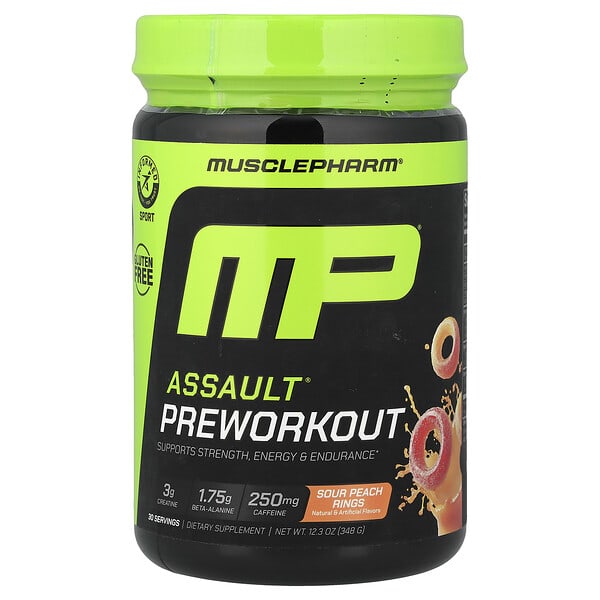MusclePharm, Assault® 프리워크아웃, 사워 피치 링스, 348g(12.3oz)