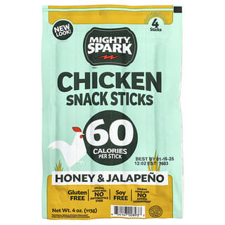 Mighty Spark, Chicken Snack Sticks, Hühnchen-Snack-Sticks, Honig und Jalapeno, 4 Sticks