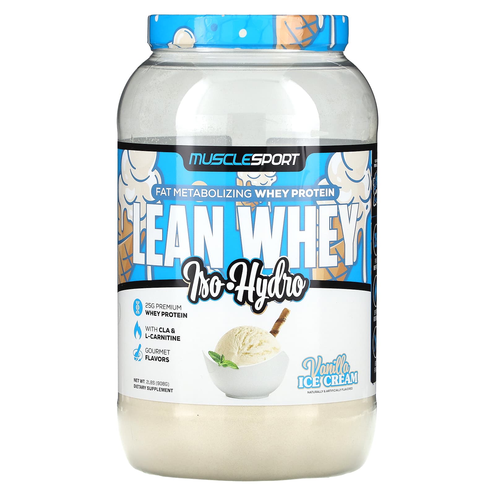 MuscleSport, Lean Whey, IsoHydro, Vanilla Ice Cream, 2 lbs (908 g)