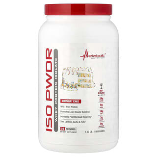 Metabolic Nutrition, ISOpwdr, Isolat de protéines de lactosérum, Gâteau d'anniversaire, 690 g