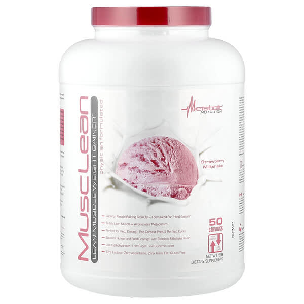 Metabolic Nutrition, MuscleLean, 순근육량 증가, 딸기 밀크셰이크, 5lb
