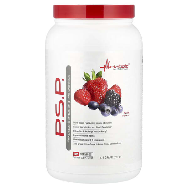 Metabolic Nutrition, PSP 피지크 자극 프리-워크아웃, 과일 펀치, 672g(23.7oz)