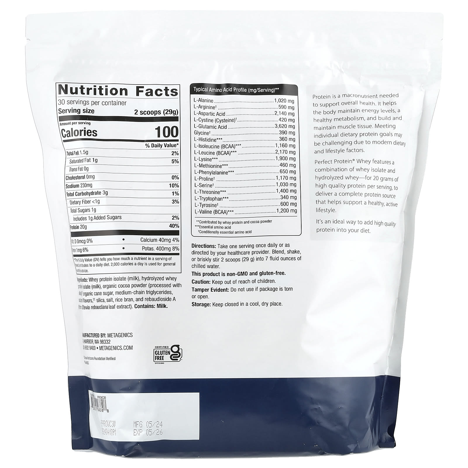 Metagenics, Perfect Protein® Whey, naturalna czekolada, 870 g