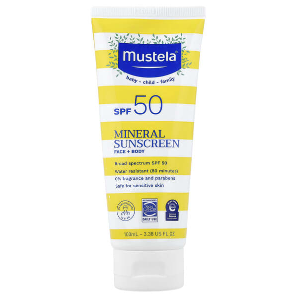 Mustela, Mineralsolskyddsmedel, ansikte + kropp, SPF 50, 100 ml (3.38 fl oz)