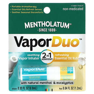 Mentholatum, Vapor Duo, Aromaterapia 2 em 1 com Mentol Natural e Eucalipto, Esfregar, 1,2 ml (0,04 fl oz), Inalador, 0,8 ml (0,03 fl oz)