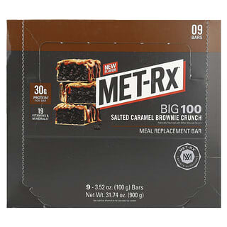 MET-Rx, Big 100, 식사 대용 바, 솔티드 캐러멜 브라우니 크런치, 바 9개, 각 100g(3.52oz)