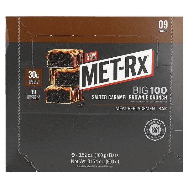 MET-Rx, Big 100，代餐棒，香咸焦糖巧克力蛋糕脆，9 根，每根 3.52 盎司（100 克）