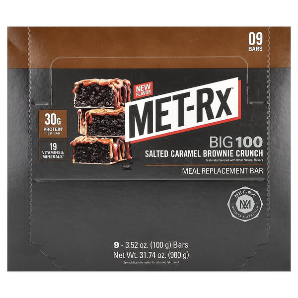 MET-Rx, Big 100, Meal Replacement Bar, Salted Caramel Brownie Crunch , 9 Bars, 3.52 oz (100 g) Each — product photo 1