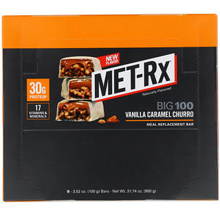 MET-Rx, Big 100, barrita para reemplazar comidas, churro de vainilla y caramelo, 9 barritas, 100 g (3,52 oz) cada una