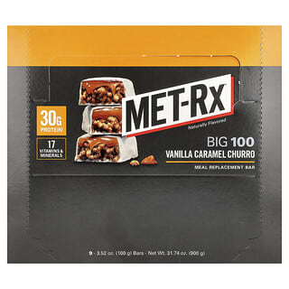 MET-Rx, Big 100, Meal Replacement Bar, Vanilla Caramel Churro, 9 Bars, 100 g (3.52 oz) Each