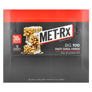 MET-Rx, Big 100, Barrita de reemplazo de comidas, Cereal frutal crujiente, 9 Barritas, 100 g (3,52 oz) cada una