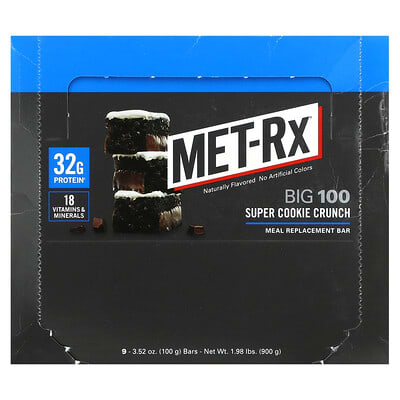 MET-Rx, Big 100, Meal Replacement Bar, Super Cookie Crunch, 9 Bars, 3.52 oz (100 g) Each