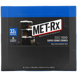 MET-Rx, Big 100, Barrita de reemplazo de comidas, Supergalleta crujiente, 9 barritas, 100 g (3,52 oz) cada una