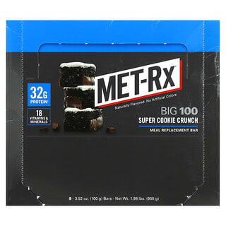 MET-Rx, Big 100, Barra de Substituição de Refeições, Super Cookie Crunch, 9 Barras, 100 g (3,52 oz) Cada