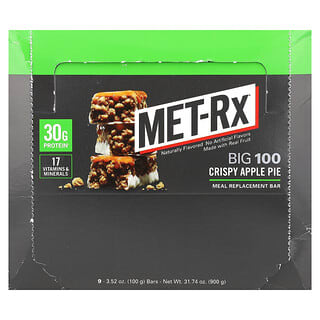 MET-Rx, Große 100, Mahlzeitersatz Riegel, knuspriger Apfelkuchen, 9 Riegel, 100 g pro Riegel