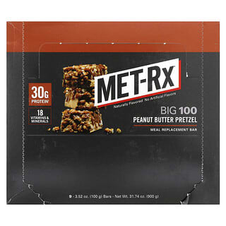 MET-Rx, Große 100, Mahlzeitersatz Riegel, Erdnussbutter Brezel, 9 Riegel, 100 g pro Riegel
