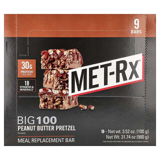 MET-Rx, Big 100, Barrita de reemplazo de comidas, Pretzel con mantequilla de maní, 9 barritas, 100 g (3,52 oz) cada una