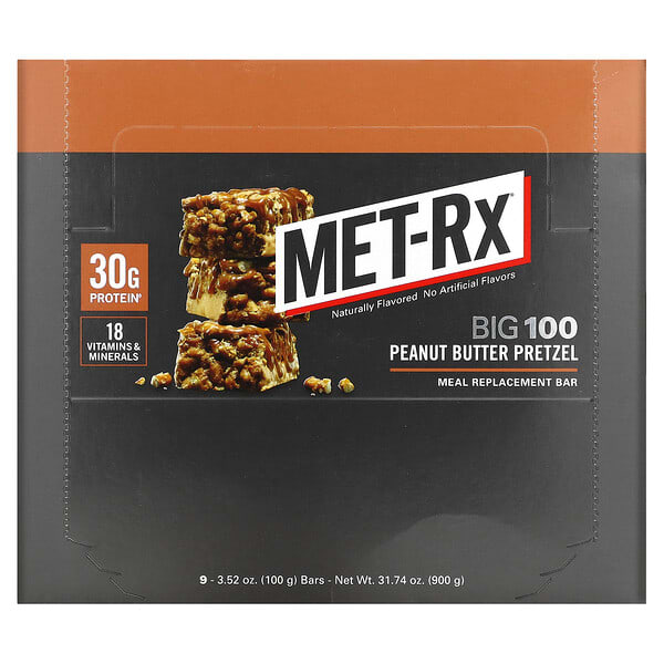 MET-Rx, Big 100, Meal Replacement Bar, Peanut Butter Pretzel, 9 Bars, 3.52 oz (100 g) Each