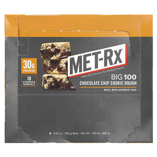 MET-Rx, Big 100, Meal Replacement Bar, Chocolate Chip Cookie Dough, 9 Bars, 3.52 oz (100 g) Each