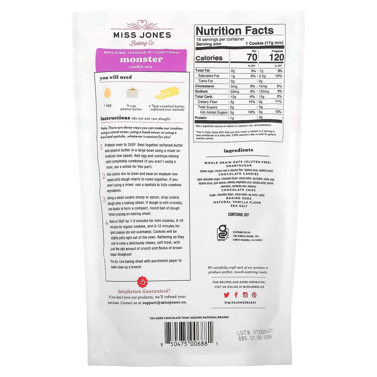 Miss Jones Baking Co, 100 Whole Grain Monster Cookie Mix, 10.57 oz