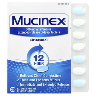 Mucinex, 600 mg, 20 comprimés bicouche à libération prolongée