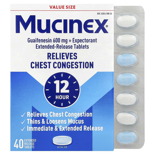 Mucinex, 12 HR 가슴 코막힘, 600mg, 서방형 40정