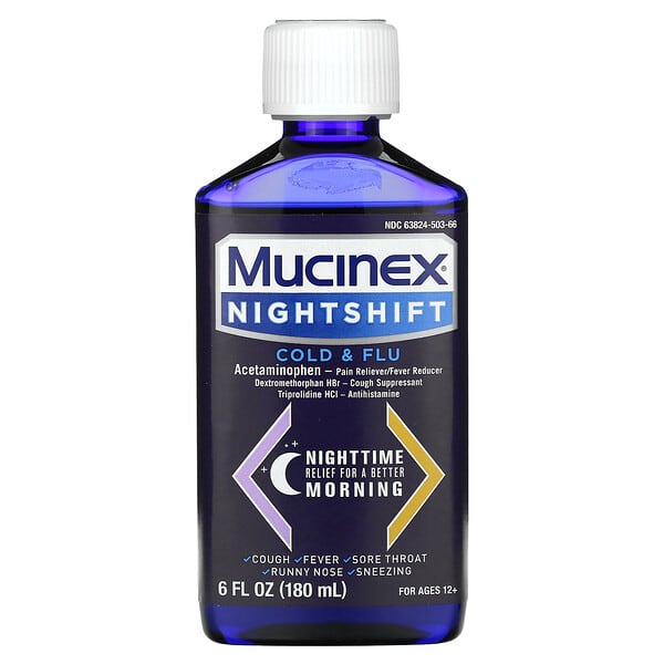 Mucinex, Nightshift, Cold &amp; Flu, For Ages 12+, 6 fl oz (180 ml)