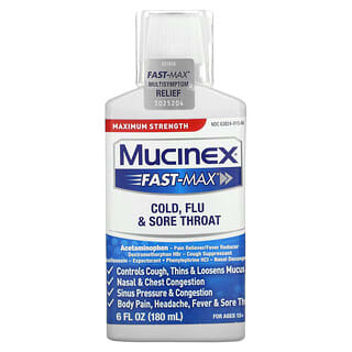 Mucinex, Fast-Max para el resfriado, la gripe y el dolor de garganta, Concentración máxima, Para mayores de 12 años`` 180 ml (6 oz. Líq.)