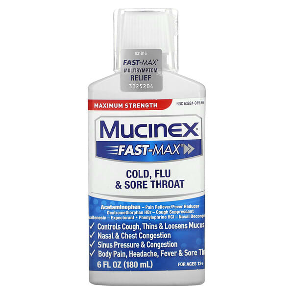 Mucinex, Fast-Max Cold, Flu &amp; Sore Throat, Maximum Strength, For Ages 12+, 6 fl oz (180 ml)