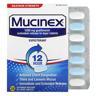 Mucinex, Expectorant, Puissance maximale, 28 comprimés bicouche à libération prolongée