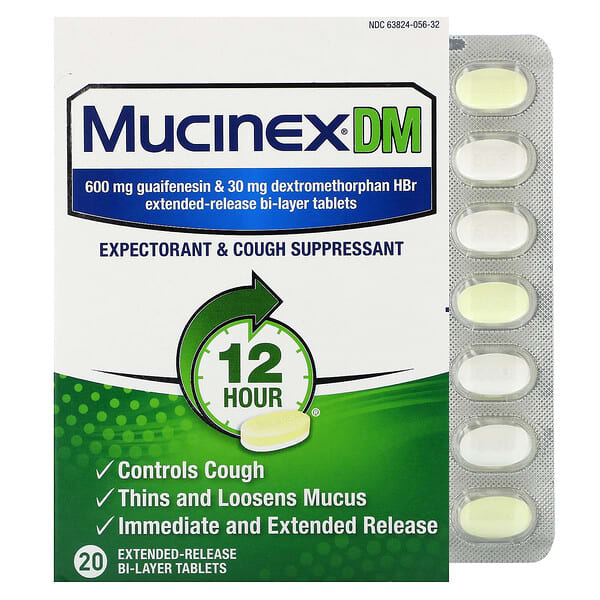 Mucinex DM บรรจุเม็ดยาสองชั้นแบบออกฤทธิ์นาน 20 เม็ด