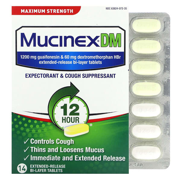 Mucinex, DM ความเข้มข้นสูงสุด บรรจุเม็ดยาสองชั้นแบบออกฤทธิ์นาน 14 เม็ด