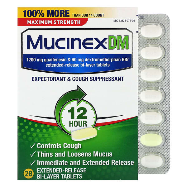 Mucinex DM บรรจุเม็ดยาสองชั้นแบบออกฤทธิ์นาน 28 เม็ด