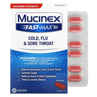 Mucinex‏, Fast-Max צינון, שפעת וכאב גרון, עוצמה מרבית, לגילאי 12 ומעלה, 20 קפליות