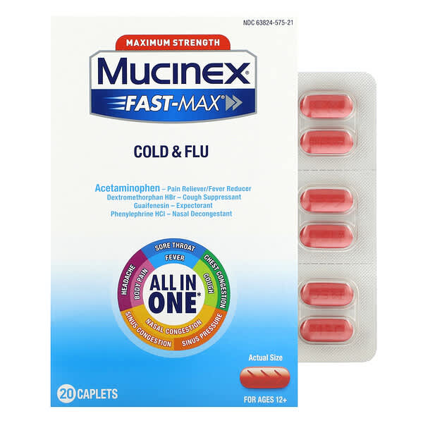 Mucinex, Fast-Max สูตรเย็นและไข้หวัดใหญ่ สูตรเข้มข้นสูงสุด สำหรับเด็กอายุ 12 ปีขึ้นไป บรรจุ 20 เม็ด