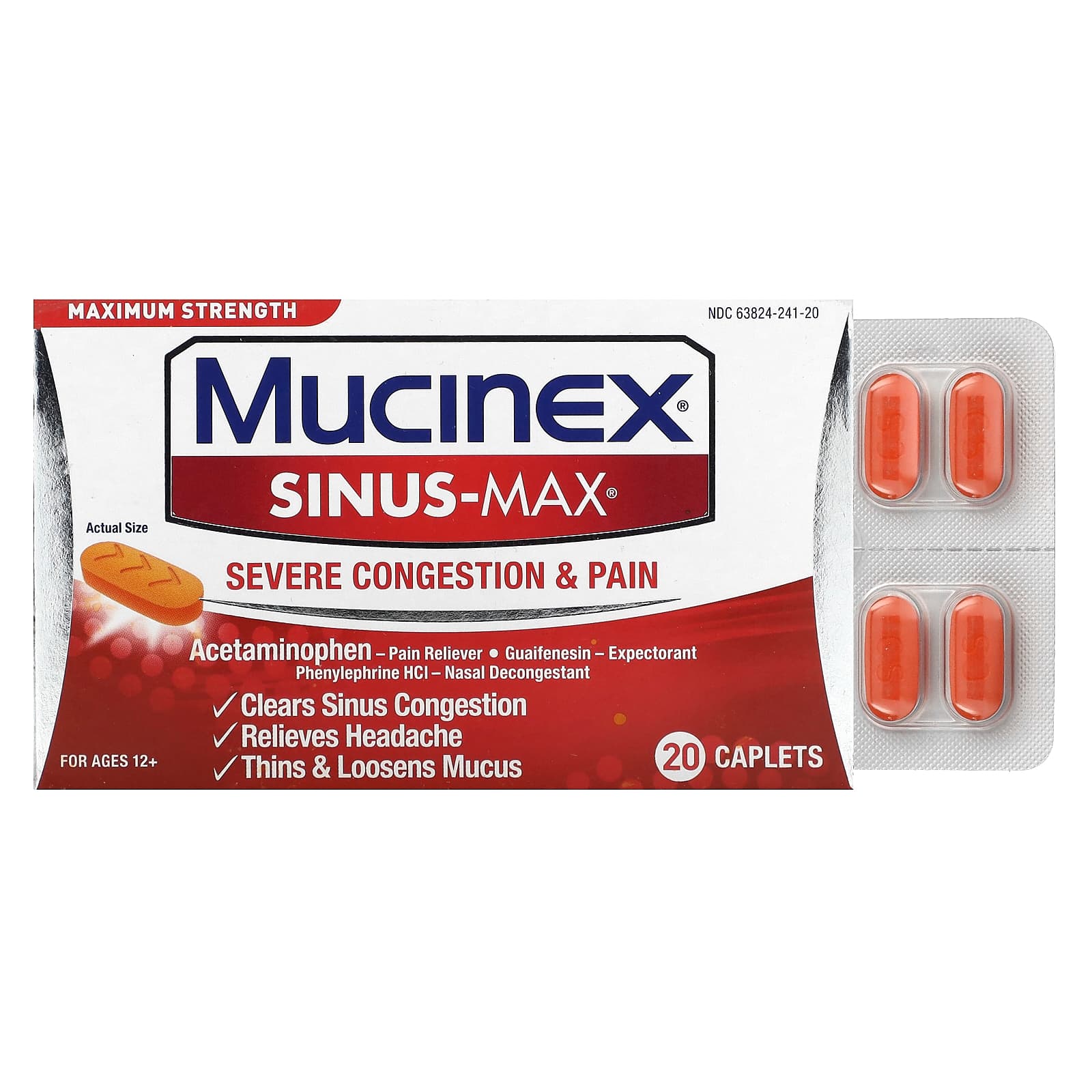 Mucinex Sinus Max Severe Congestion And Pain Maximum Strength For Ages 12 20 Caplets