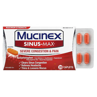 Mucinex, Sinus-Max, Congestion et douleur intenses, Force maximale, À partir de 12 ans, 20 capsules