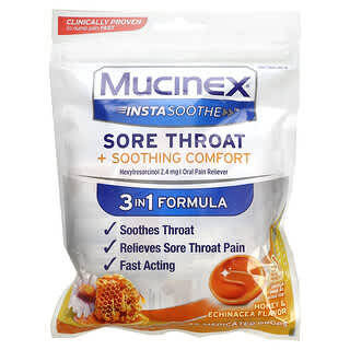 Mucinex, InstaSothe, Maux de gorge + Confort apaisant, Miel et échinacée, 40 gouttes médicamenteuses
